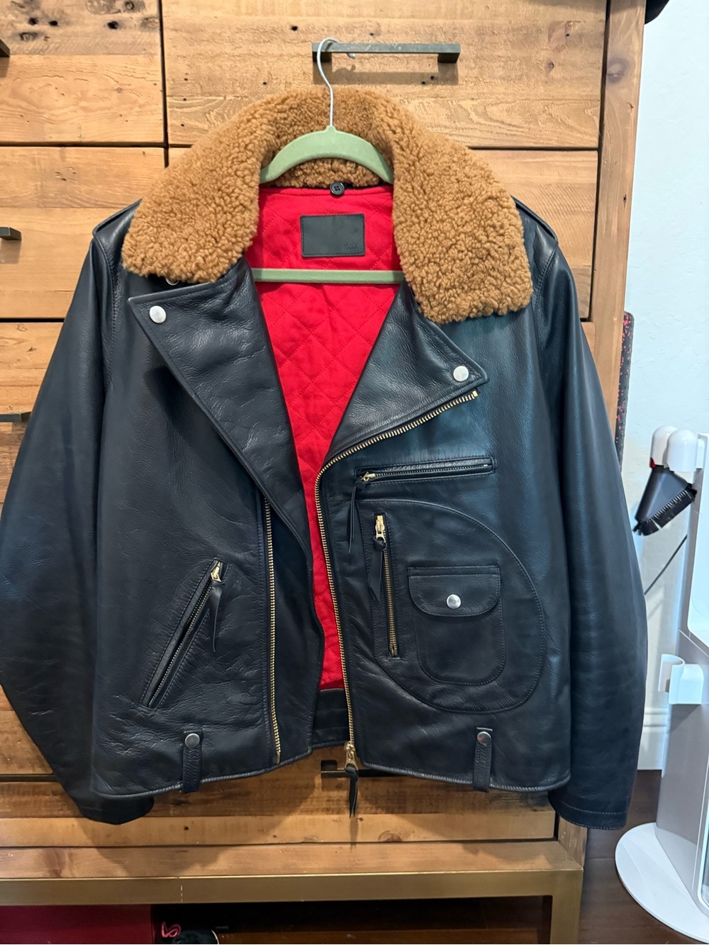 Men's Black Leather Bomber Jacket with Tan Shearling Collar